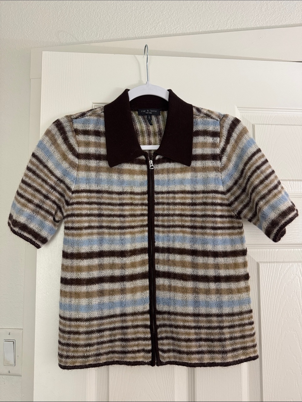 rag & bone Brown and Cream Striped Zip Knit Cardigan
